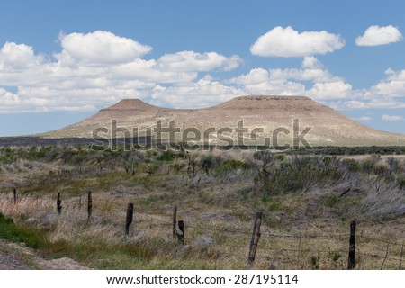 A desert landscape with puffy clouds, flat top mountains, field of mixed vegetation and barbed wire fence in foreground.