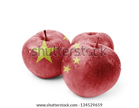 Red apple isolated with China flag painted on. One of the biggest producer of apples.