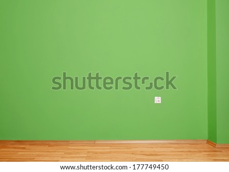 empty interior with wooden floor, plug and green wall