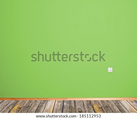 interior room with wooden floor and wall in green with an electrical contact in the wall