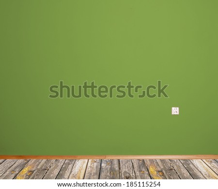interior room with wooden floor and wall in green with an electrical contact in the wall and wooden skirting