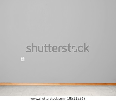 interior room with concrete floor and wall in grey with an electrical contact in the wall and wooden skirting