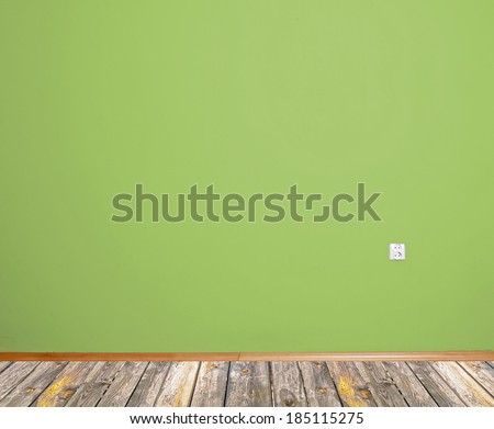 interior room with wooden floor and wall in green with an electrical contact in the wall and wooden skirting