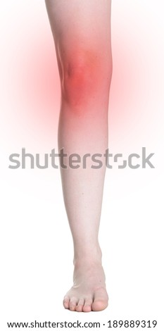 Acute pain in a woman knee. Female holding hand to spot of knee-aches. Concept photo with Color Enhanced blue skin with read spot indicating location of the pain. Isolation on a white background.