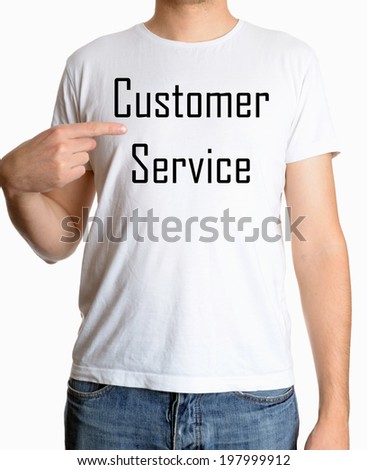 White t-shirt on a young man template isolated on white background with text: customer service