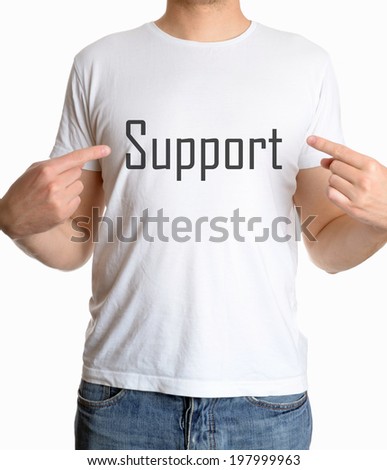 White t-shirt on a young man template isolated on white background with text: support
