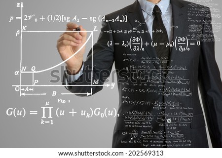Businessman writing math formulas