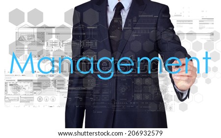 Businessman sketching and writing management on white background