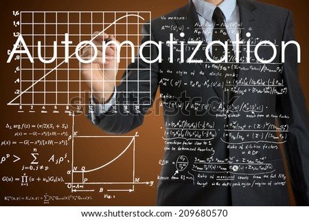 businessman writing technological terminology on virtual screen with modern business or technology background - Automatization