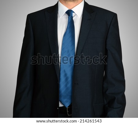 Closeup portrait of businessman in white collar shirt and suit with blue tie on grey background