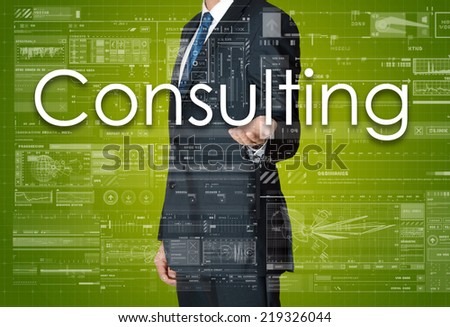 the businessman is presenting the business text with the hand: Consulting