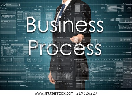 the businessman is presenting the business text with the hand: Business Process