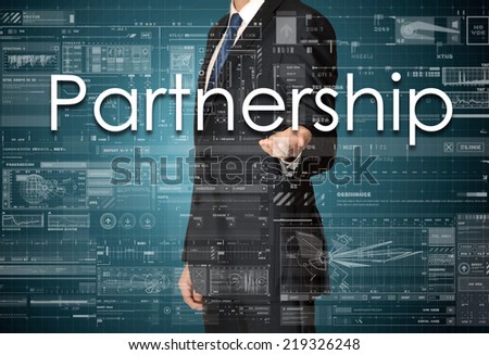 the businessman is presenting the business text with the hand: Partnership