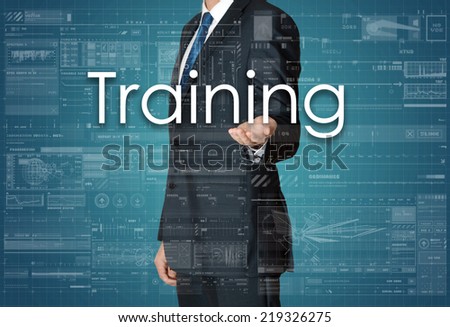 the businessman is presenting the business text with the hand: Training