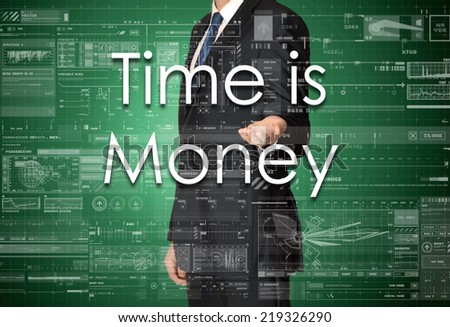the businessman is presenting the business text with the hand: Time is Money