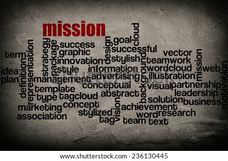 word cloud containing words related to Mission on grunge wall background