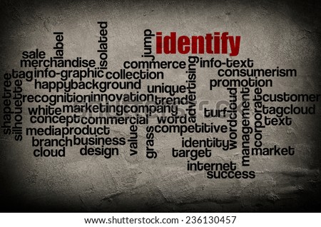 word cloud containing words related to Identify on grunge wall background