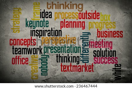 word cloud related to thinking outside the box on grunge wall background