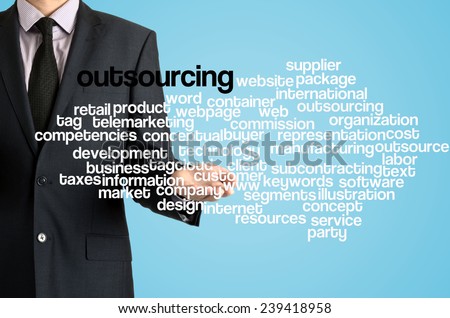 Business man presenting wordcloud related to outsourcing on virtual screen