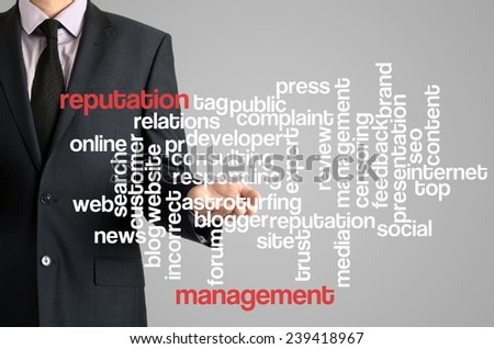 Business man presenting wordcloud related to reputation management on virtual screen