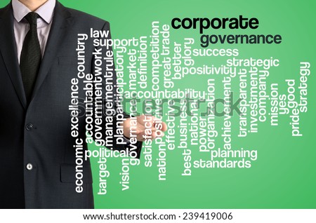 Business man presenting wordcloud related to corporate governance on virtual screen