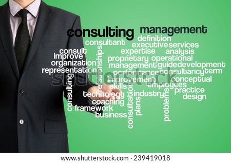 Business man presenting wordcloud related to consulting management on virtual screen