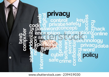 Business man presenting wordcloud related to privacy policy on virtual screen