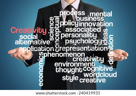 the businessman is presenting the cloud of connected words with: Creativity