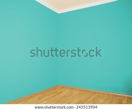 empty interior with wooden floor and blue wall