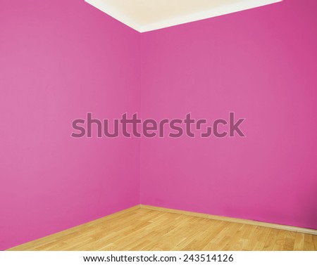 empty interior with wooden floor and pink wall