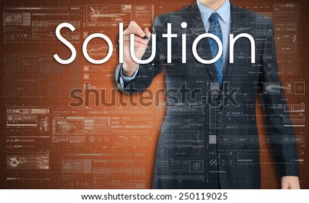 the businessman is presenting the business text with the hand: Solution