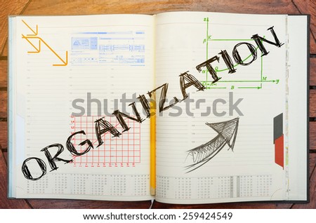 Notebook with text inside Organization on table