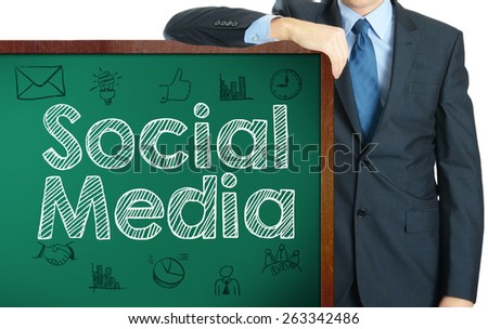 Social Media on blackboard presenting by businessman or teacher