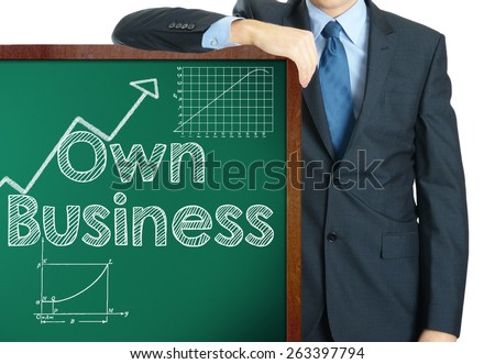 Own business on blackboard presenting by businessman