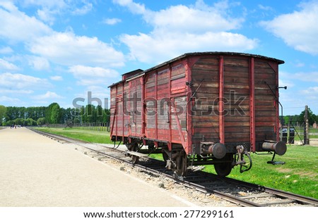 Auschwitz Birkenau a former Nazi extermination camp in Brzezinka, Poland near Oswiecim. This wagon of train has deported prisoners to the camp