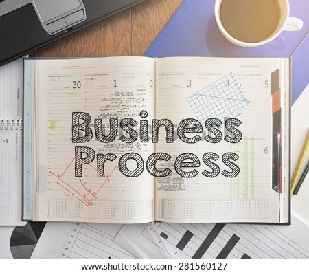 Notebook with text inside Business Process on table with coffee, laptop and some sheet of papers with charts and diagrams