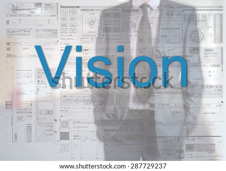 Businessman standing behind transparent board with diagrams and text Vision