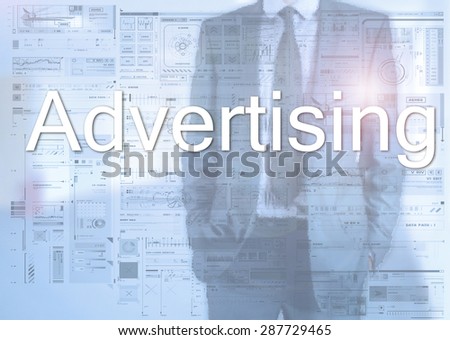 Businessman standing behind transparent board with diagrams and text Advertising