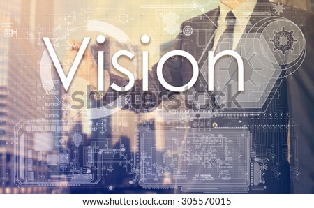 businessman writes on board text: Vision - with sunset over the city in the background, the visible sun\'s rays in a picture are symbolizing the positive attitude
