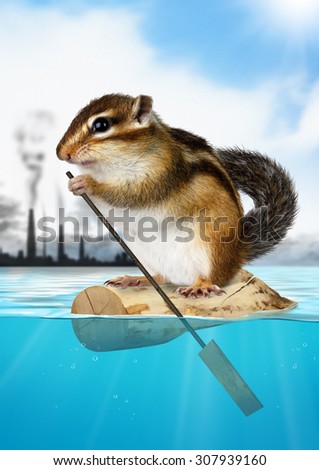 Animal Chipmunk floating away from the city, ecology concept