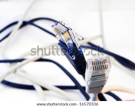 Close-up of a blue and a white network cable