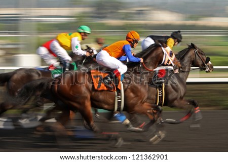 Inglewood, Ca - Dec 8: &Quot;God Of War&Quot; And Juan Hernandez (Black Cap) Hold Off &Quot;Clinton&Quot; And Alex Bisono (Orange Cap) To Win The 3rd Race At Hollywood Park On Dec 8, 2012 In Inglewood, Ca. Stock Photo 121362901 : Shutterst