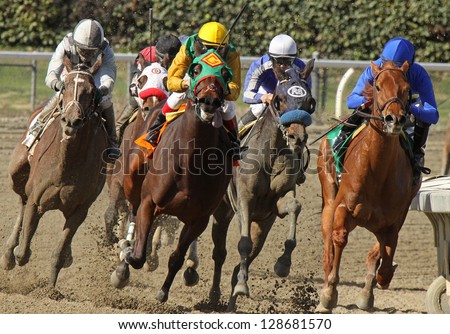 Arcadia, Ca - Feb 16: Jockeys Turn And Head Down The Homestretch In The 3rd Race At Santa Anita Park On Feb 16, 2013 In Arcadia, Ca. Eventual Winner Is Kevin Krigger (Outside) And &Quot;Cee\'S The Year&Quot;.