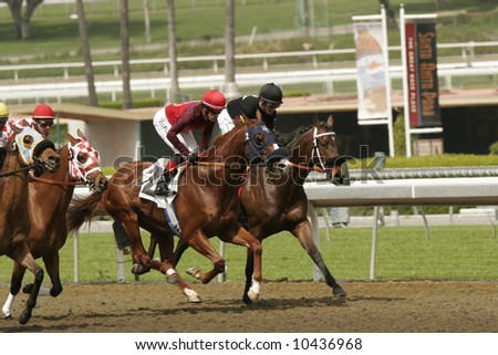 Two jockeys battle for the lead in a thoroughbred horse race at Santa Anita Park.