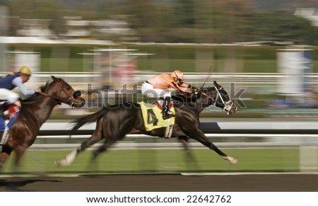 Racing horse and jockey shot at slow shutter speed to enhance motion effect.