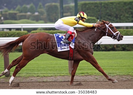 SARATOGA SPRINGS, NY - AUG 9: Game Face, with jockey Edgar Prado up, wins the 18th running of The Honorable Miss Stakes at Saratoga Race Course August 9, 2009 in Saratoga Springs, NY.