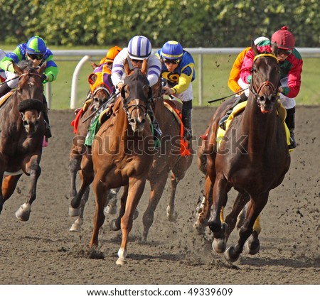 ARCADIA, CA - MAR 20: A field of thoroughbreds take the far turn and start down the homestretch at Santa Anita Park on March 20, 2010 in Arcadia, CA.