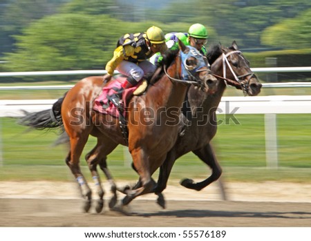 ELMONT, NY - JUN 19: Kiln Creek and jockey Jorge Chavez (yellow cap) hold off Well Meant and Abel Lezcano to finish second in a claiming race at Belmont Park on Jun 19, 2010 in Elmont, NY.