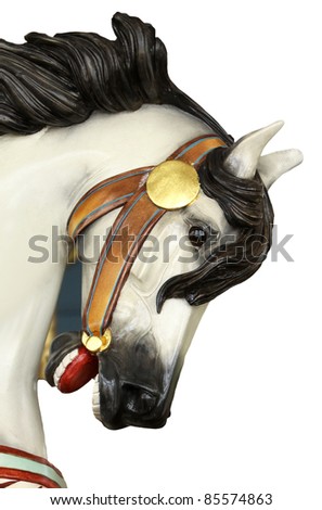 Close up of head of white carousel horse