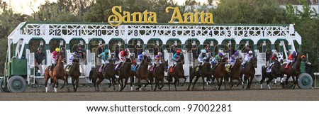 ARCADIA, CA - MARCH 3: Horses break from the gate for the $750,000 Santa Anita Handicap at Santa Anita Race Track on Mar 3, 2012 in Arcadia, CA. Eventual winner is \